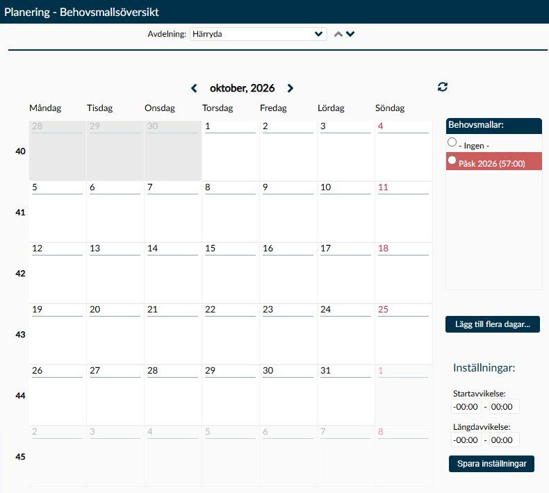 Sidan Behovsmallsöversikt med månadskalender, behovsmallar och inställningar för avvikelser.