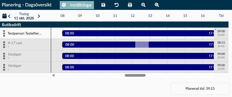 Dagsöversiktens tidslinje med passrader, en rastmarkering och summeringen Planerad tid.
