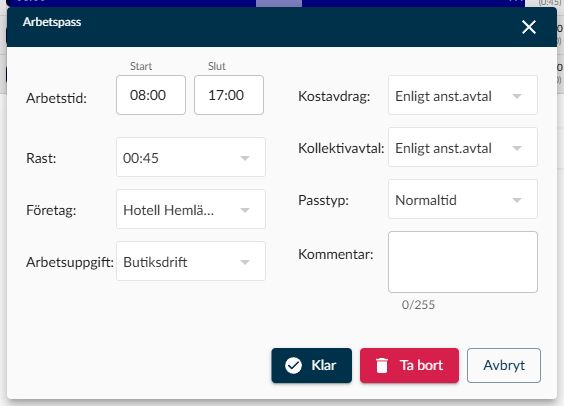 Dialogruta: Arbetspass med tider, rast, företag, arbetsuppgift, kostavdrag, kollektivavtal, passtyp och kommentar.