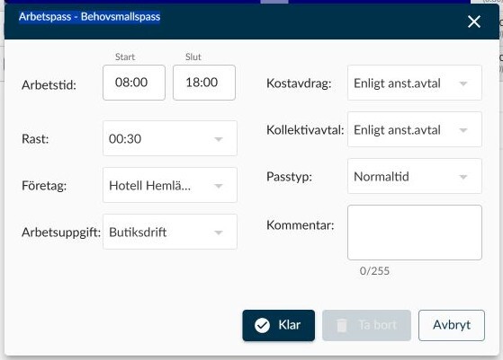 Dialogruta: Arbetspass - Behovsmallspass med tider, rast och avtalsval samt en inaktiv knapp för Ta bort.