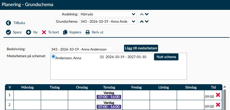Sidan Grundschema med Anna Anderssons tilldelning och de två första veckorna i ett tolvveckorsschema.