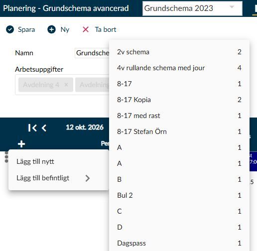 Dialogruta: Menyn Lägg till befintligt med grundscheman att välja mellan och deras antal veckor.