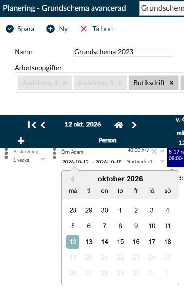 Dialogruta: Datumväljaren för bemanningsplatsens startdatum, med den valda dagen och kalenderns tillgängliga dagar.