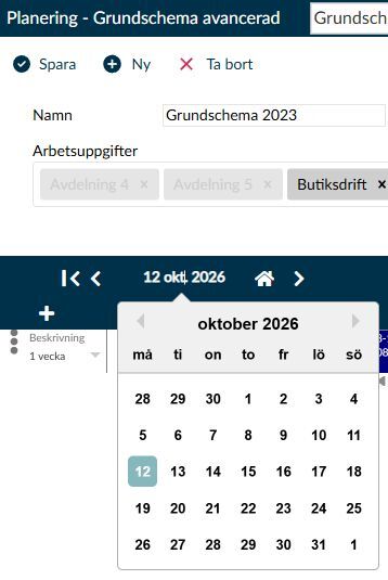 Dialogruta: Kalenderns datumväljare för att bläddra till en annan del av planeringen utan att ändra bemanningsplatsens period.