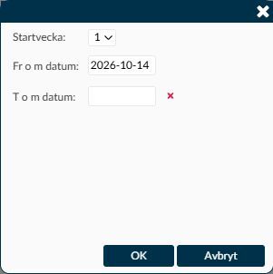 Dialogruta: Andra steget i Lägg till medarbetare visar Startvecka, Fr o m datum och T o m datum.