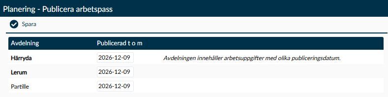Sidan Publicera arbetspass med avdelningsrader, publiceringsdatum och information om olika datum.
