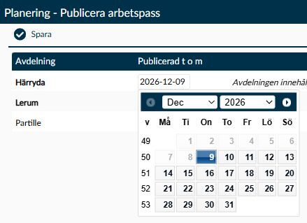 Dialogruta: Datumväljaren för Publicerad t o m med månad, år och valbara dagar.