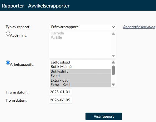Sidan Avvikelserapporter med rapportval, organisationsurval, datum och Visa rapport.