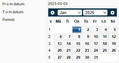 Dialogruta: Datumväljaren för Fr o m datum på sidan Avvikelserapporter.