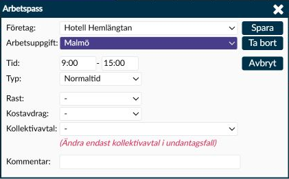 Dialogruta: Arbetspass med Tid samt Spara och Avbryt från Stämplingar och saldon.