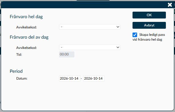 Dialogruta: Frånvaro från Stämplingar och saldon med kodval och datumintervall.