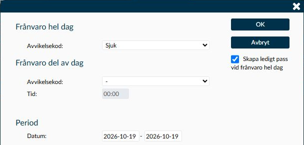 Dialogruta: Frånvaro från Stämplingar och saldon med val för hel dag, del av dag och datumintervall.