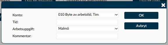 Dialogruta: Lägg till saldo med konto, tid, arbetsuppgift och kommentar.