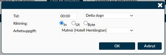 Dialogruta: Lägg till stämpling med tid, dygn, riktning och arbetsuppgift.