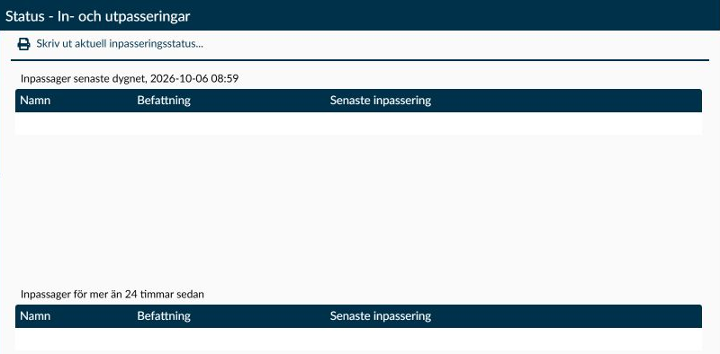 Sidan In- och utpassering med separata listor för senaste dygnet och äldre inpasseringar.