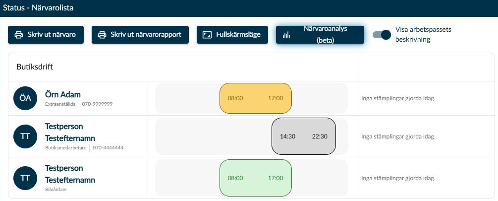 Närvarolistan med grupperade medarbetare, färgade arbetspass och sidans verktyg.
