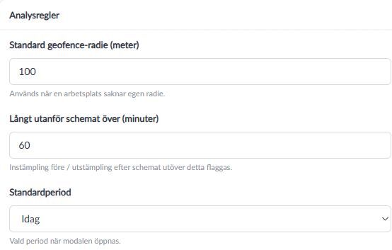 Utsnitt av analysreglerna med standardradie, tidsgräns för stämpling långt utanför schemat och standardperiod.