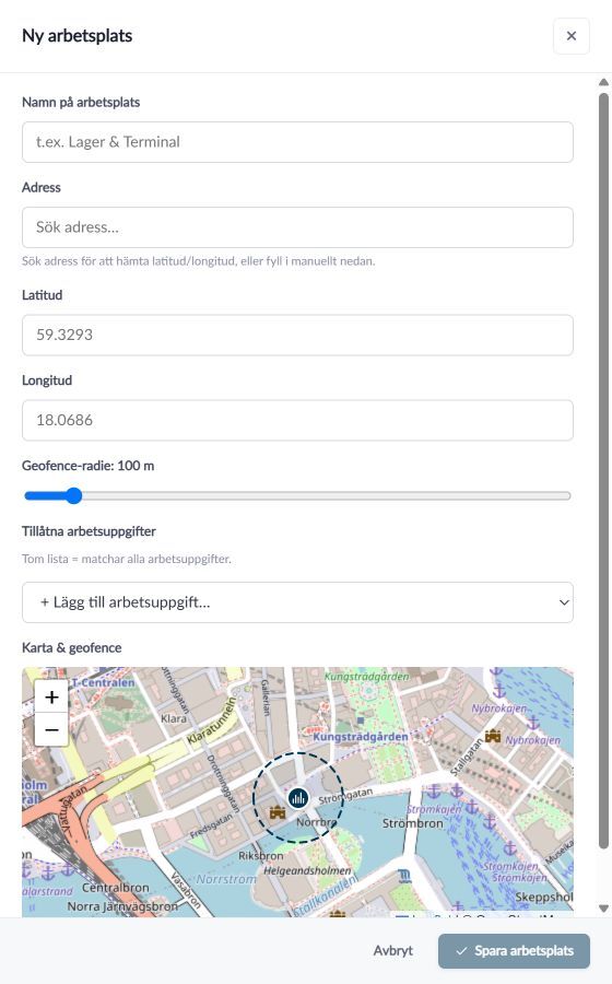 Dialogruta: Ny arbetsplats med namn, adress, koordinater, radie, tillåtna arbetsuppgifter, karta samt Avbryt och Spara arbetsplats.