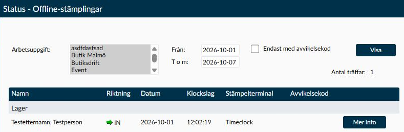 Sidan Offline-stämplingar med arbetsuppgifter, datumfilter och en stämpling som har kommit in från en terminal.