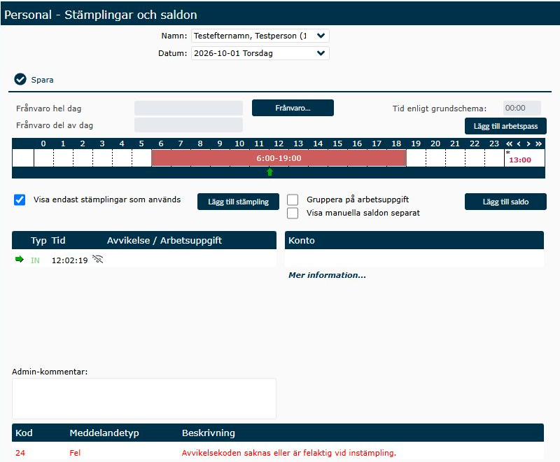Dialogruta: Stämplingar och saldon öppnad från Mer info, med medarbetarens datum, arbetspass och offline-stämpling.