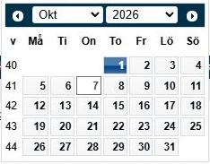 Dialogruta: Datumkalendern för Från med val av månad, år och dag.
