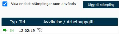 Dialogruta: Detalj ur Stämplingar och saldon med instämplingens klockslag och offline-symbol.