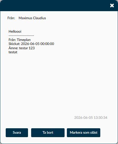 Ett mottaget meddelande i en dialog med Svara, Ta bort och Markera som oläst.