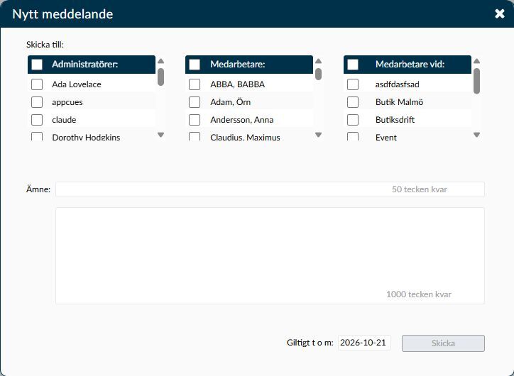 Dialogen Nytt meddelande med mottagarlistor, ämne, text och giltighetsdatum.