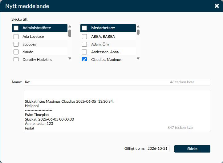 Svarsdialogen för ett mottaget meddelande med vald mottagare och kopierad text.