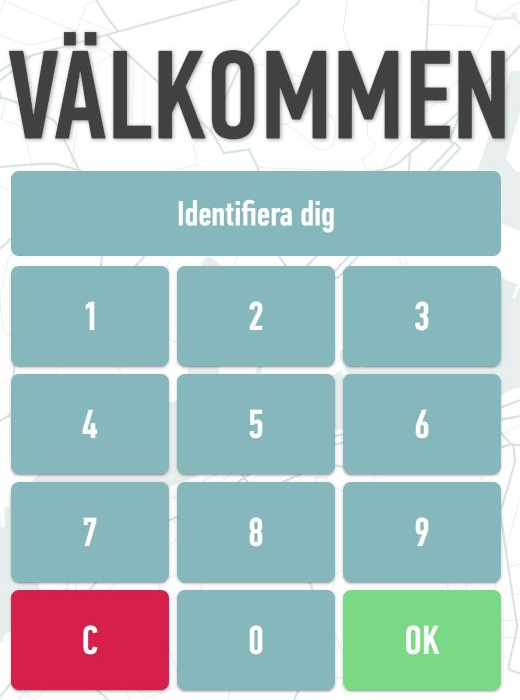 Webstamps startvy Välkommen med kodfält och sifferknappar.