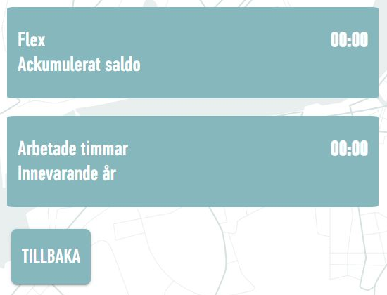 Webstamps saldovy med Flex, Arbetade timmar, periodangivelser och knappen Tillbaka.