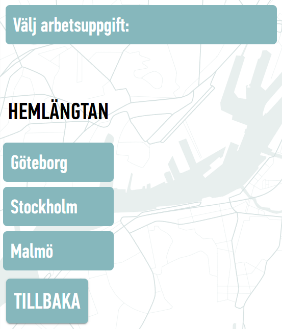 Webstamps vy Välj arbetsuppgift med arbetsuppgifterna Göteborg, Stockholm och Malmö samt Tillbaka.