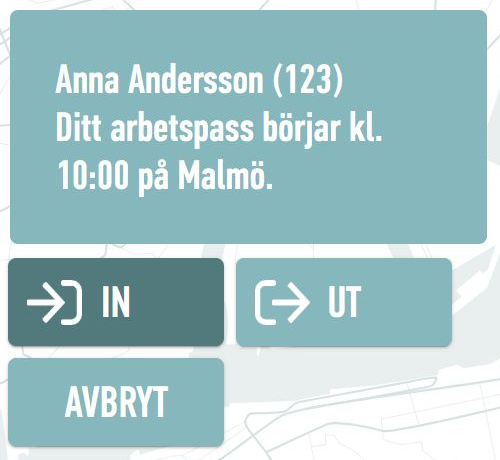 Webstamps riktningsval med medarbetarens namn, planerat arbetspass och knapparna IN, UT och Avbryt.